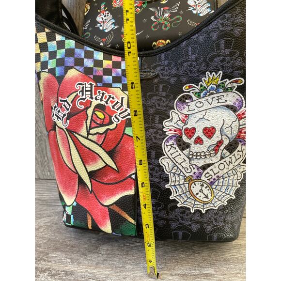 Ed Hardy Embellished Bag & Wallet Set | Skull Rose Tattoo Print - Picture 5 of 11